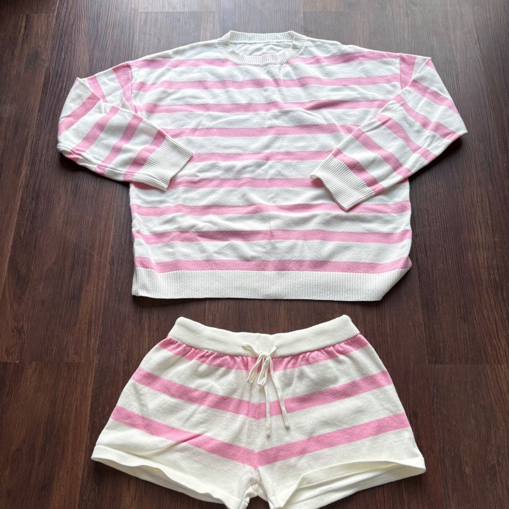 Pink White Striped Knit Matching Set Long Sleeve Sweater & Lounge Shorts Small